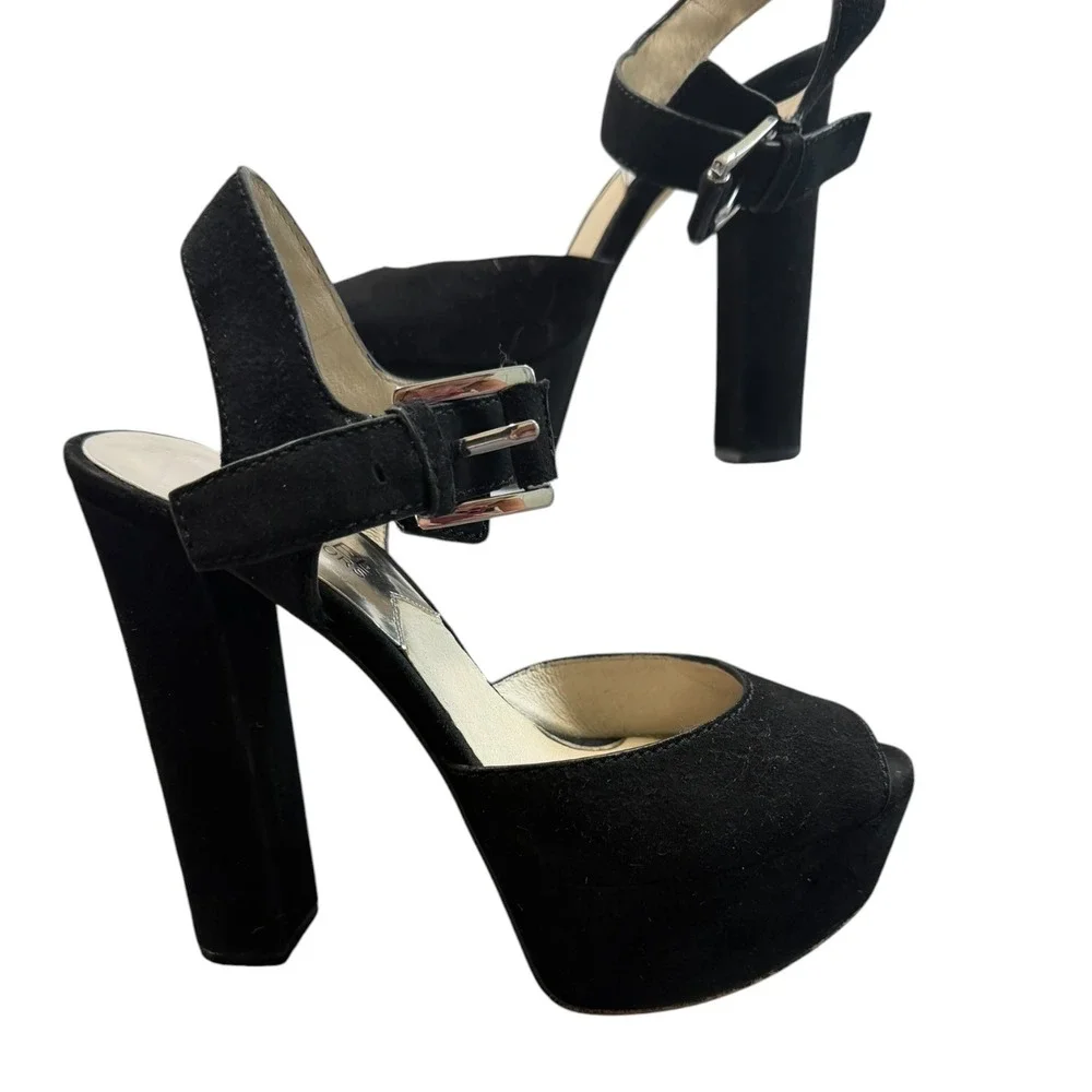 Michael Kors Platform Sandals Womens 6M Black Suede Block Heel Ankle Strap Y2K